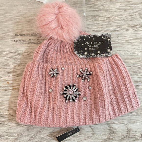 New Victoria's Secret Hat Snowflake Sparkle Pom Jewels Beanie Blush Pink NWT - Picture 2 of 11